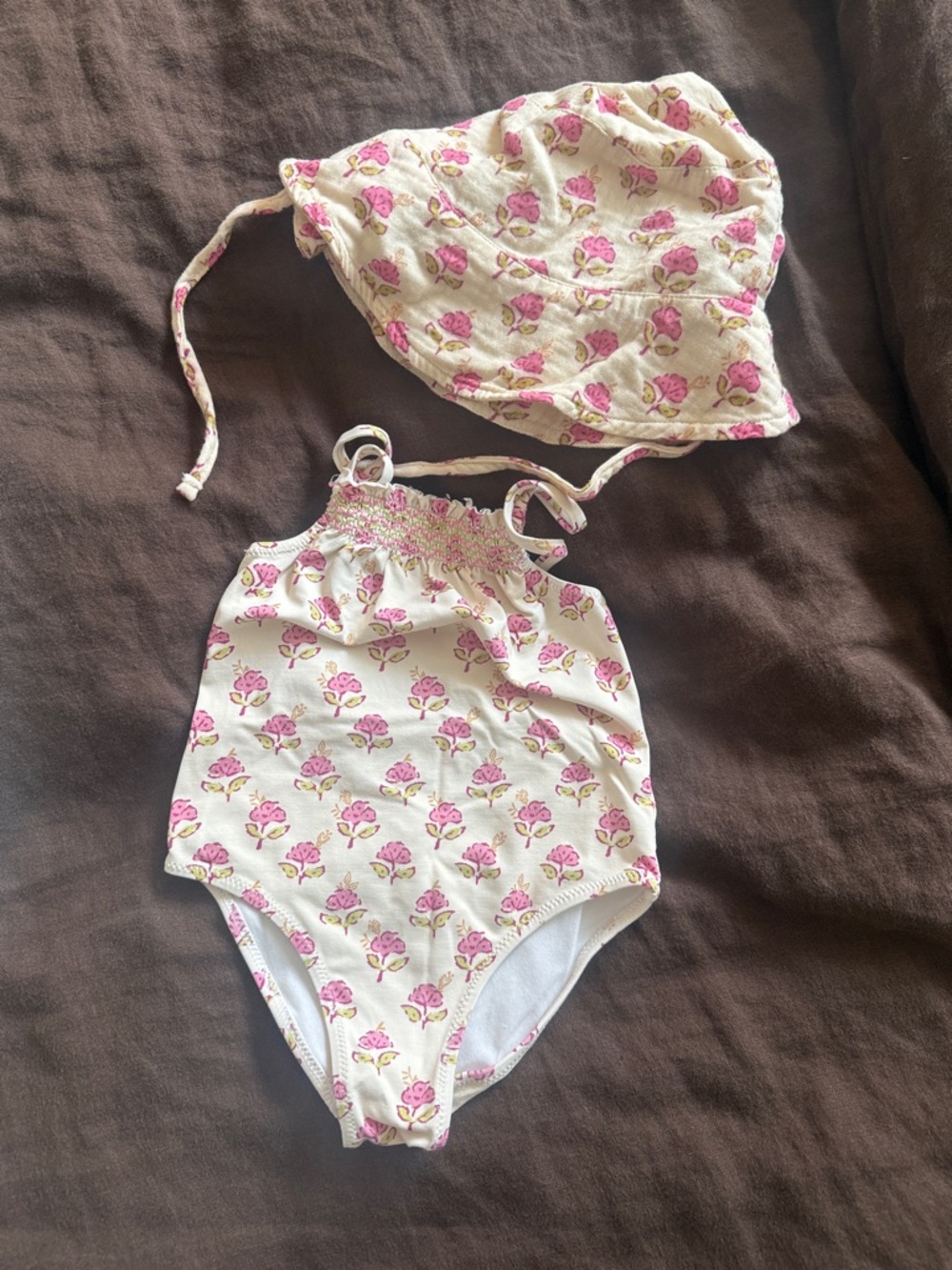 Zara Pink and Cream Floral One-Piece with Matching Hat